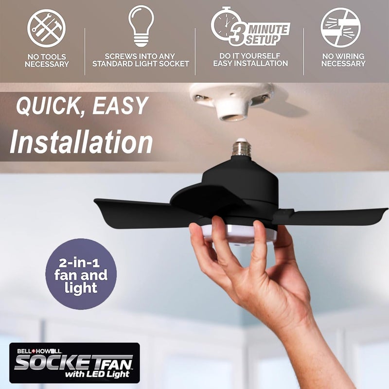BELLHOWELL مروحة سقف صغيرة Socket Breeze Deluxe مع ضوء LED وجهاز تحكم عن بعد، سرعات وسطوع قابلة للتعديل، مروحة لمقبس الضوء لغرفة النوم، المطبخ، غرفة المعيشة، 1000 لومن - Image 2